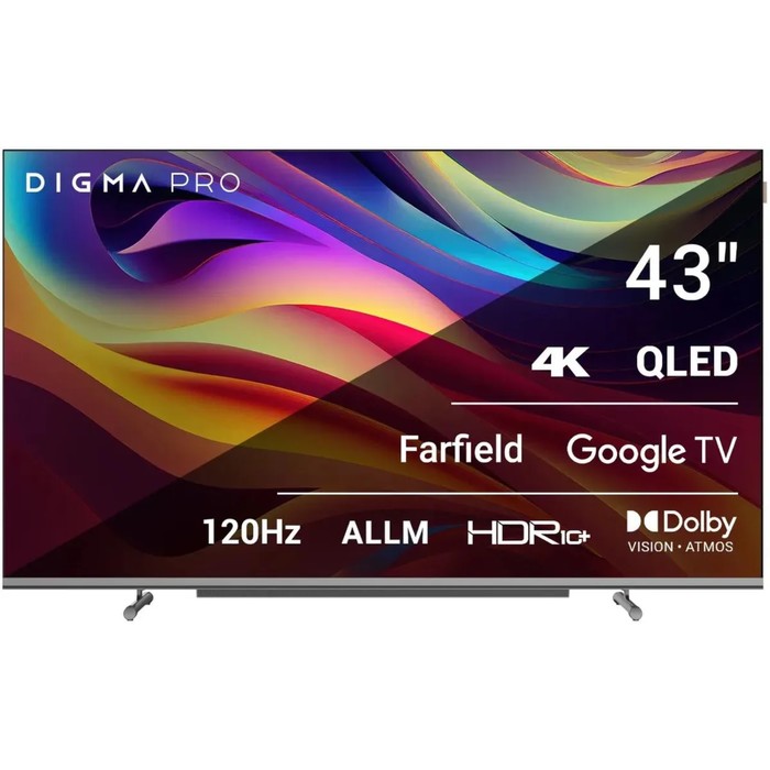 Телевизор Digma Pro 43L, 43", 3840x2160, QLED, DVB-T2/C/S2, HDMI 3, USB 2, Smart TV, чёрный