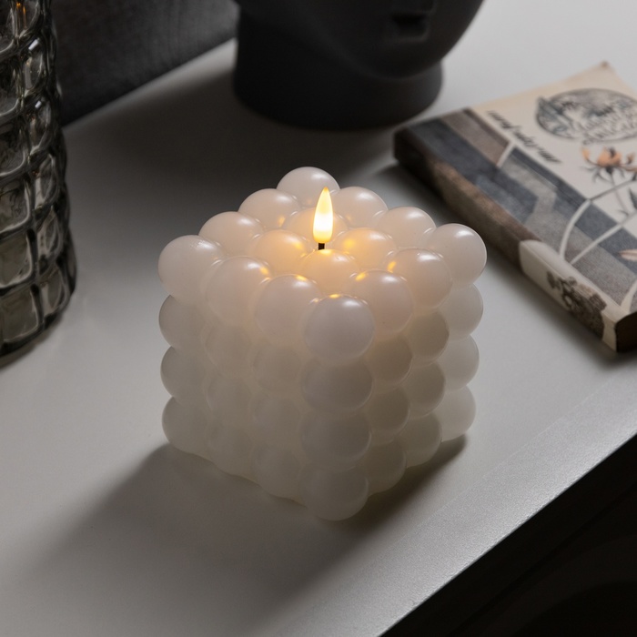 Светодиодная свеча «Куб белый», 10 × 11.5 × 10 см, воск, пластик, батарейки АААх3 (не в комплекте), свечение тёплое белое - фото 1906662565