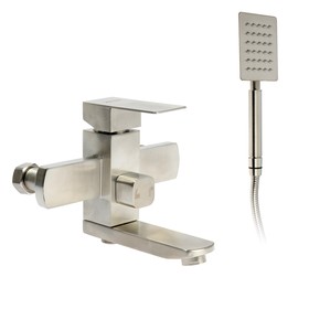 {{photo.Alt || photo.Description || 'УЦЕНКА Смеситель для ванны ZEIN, квадрат, короткий излив, с душевым набором, нерж.сталь, сатин'}}