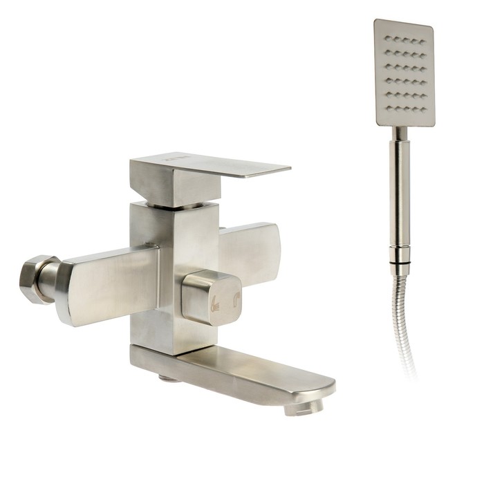 УЦЕНКА Смеситель для ванны ZEIN, квадрат, короткий излив, с душевым набором, нерж.сталь, сатин - Фото 1