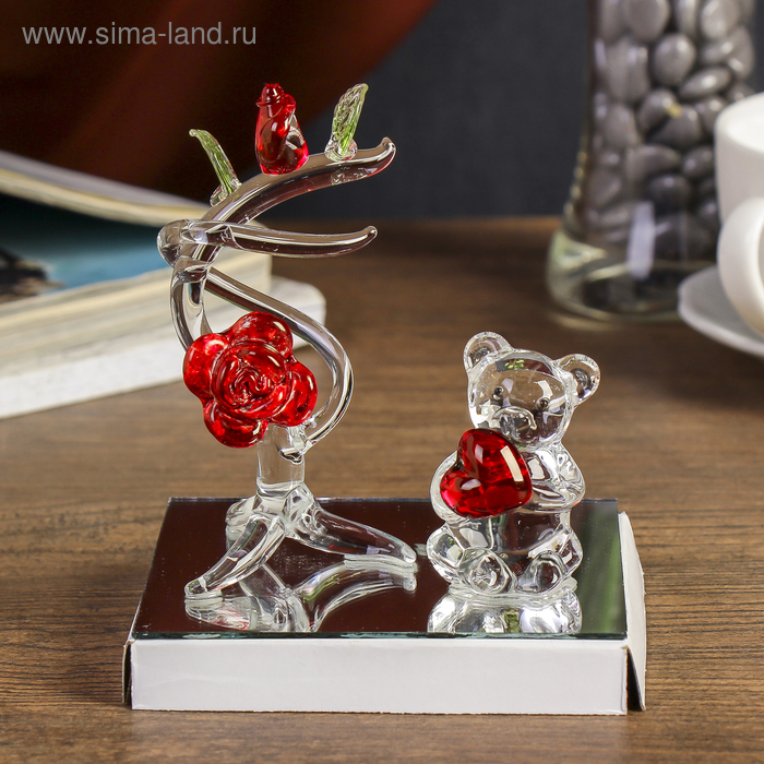 Сувенир стекло "Медвежонок с сердцем у розы" световой, 7х9,2х10 см - Фото 1