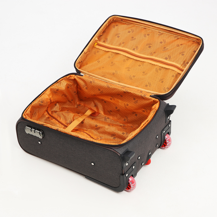 Чемодан малый 33 л (S), отдел на молнии, с расширением, кодовый замок, 3 колеса, 2 наружных кармана, цвет коричневый