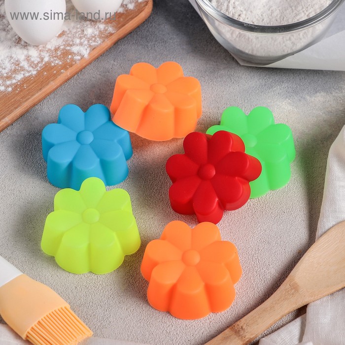 Набор силиконовых форм для выпечки Доляна «Ромашка», 6×2 см, 6 шт, цвет МИКС - Фото 1