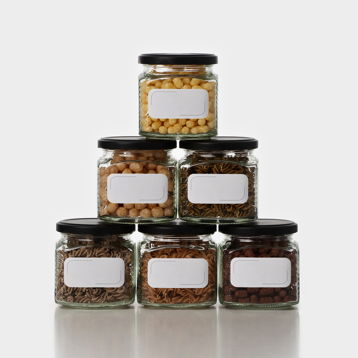Набор стеклянных банок с черной крышкой и этикеткой, ТО-82, 390 мл, 6 шт - Фото 1