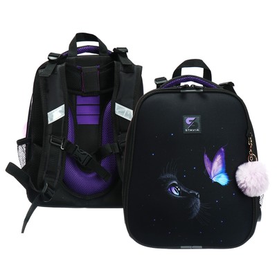 Рюкзак каркасный школьный 38×30×16 см, эргономичная спинка, Stavia «Кошка», чёрный
