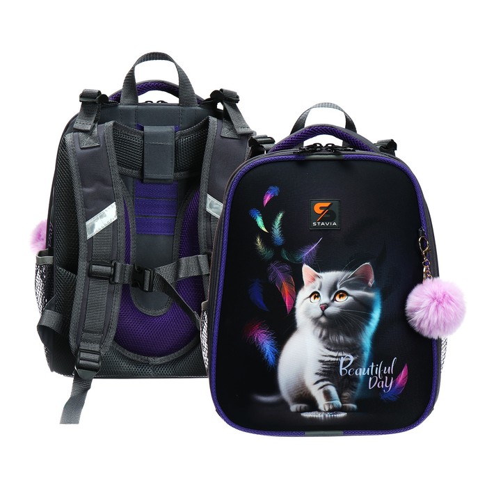Рюкзак каркасный школьный 38×30×16 см, эргономичная спинка, Stavia «Кот и перья», синий - Фото 1