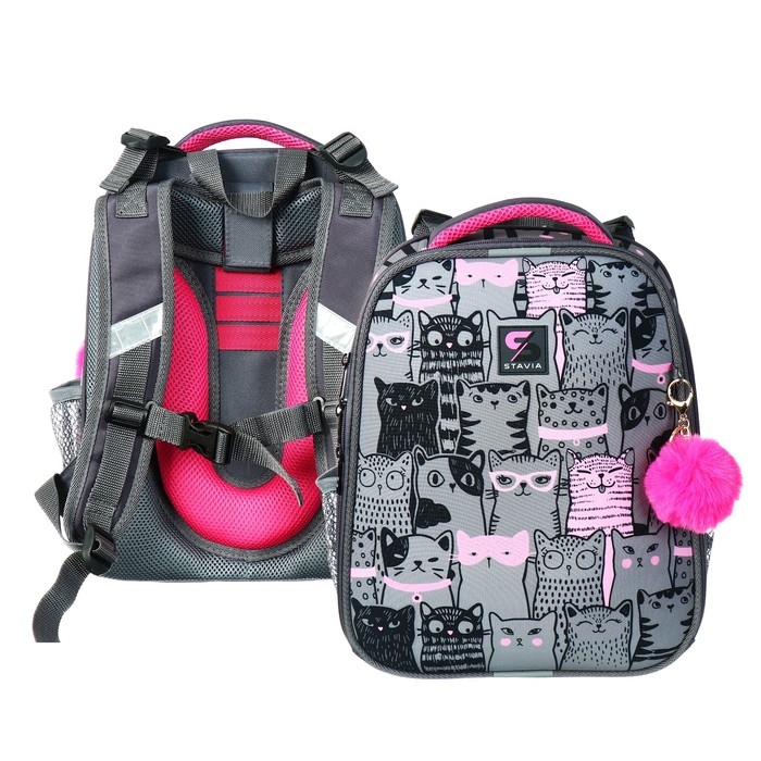 Рюкзак каркасный школьный 38×30×16 см, эргономичная спинка, Stavia «Кошачья семейка», серый - Фото 1