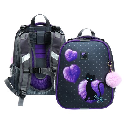 Рюкзак каркасный школьный 38×30×16 см, эргономичная спинка, Stavia «Чёрная кошка», серый