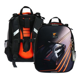 Рюкзак каркасный школьный 38 х 30 х 16 см, эргономичная спинка, Stavia "Super car", чёрный/оранжевый