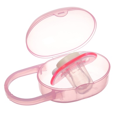 Соска - пустышка силиконовая ортодонтическая, от 3 мес., с колпачком, в контейнере, цвет розовый