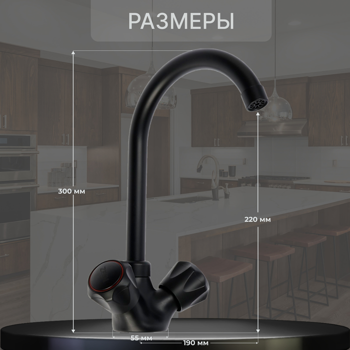Смеситель для кухни ZEIN Z3665, двухвентильный, высота излива 22 см, ABS-пластик, черный - фото 18588321 Смеситель для кухни ZEIN Z3665, двухвентильный, высота излива 22 см, ABS-пластик, черный - фото 18588321