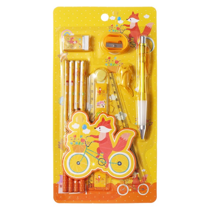 Набор канцелярский Calligrata 9 предметов, 4 чернографитных карандаша, точилка, ластик, линейка, ручка, насадка-тренажер, жёлтый - Фото 1