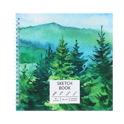 Скетчбук, квадрат 195 х 195 мм, 40 листов, на гребне "Акварельный пейзаж", твёрдая обложка, матовая ламинация, блок офсет 140 г/м2