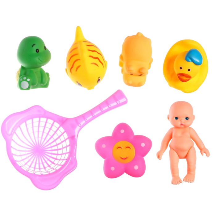 Набор резиновых игрушек для ванны «Игры с пупсиком», 7 шт, сачок, Крошка Я