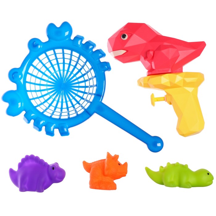 Набор игрушек для ванны «Купание с динозаврами: брызгалка и рыбалка», 5 шт, сачок, Крошка Я