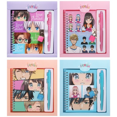 Набор подарочный Mazari «АНИМЕ», в комплекте: блокнот (17.5×19.5 см, 48 листов в клетку, с замочком, 70 г/м²), ручка шариковая синяя автоматическая 0.7 мм