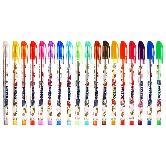 Набор ручек гелевых 18 цветов (12 с блестками + 6 флуоресцентных) Mazari "OCEAN", ароматизированные, пулевидный пишущий узел 0,9 мм, пластиковый цветной корпус