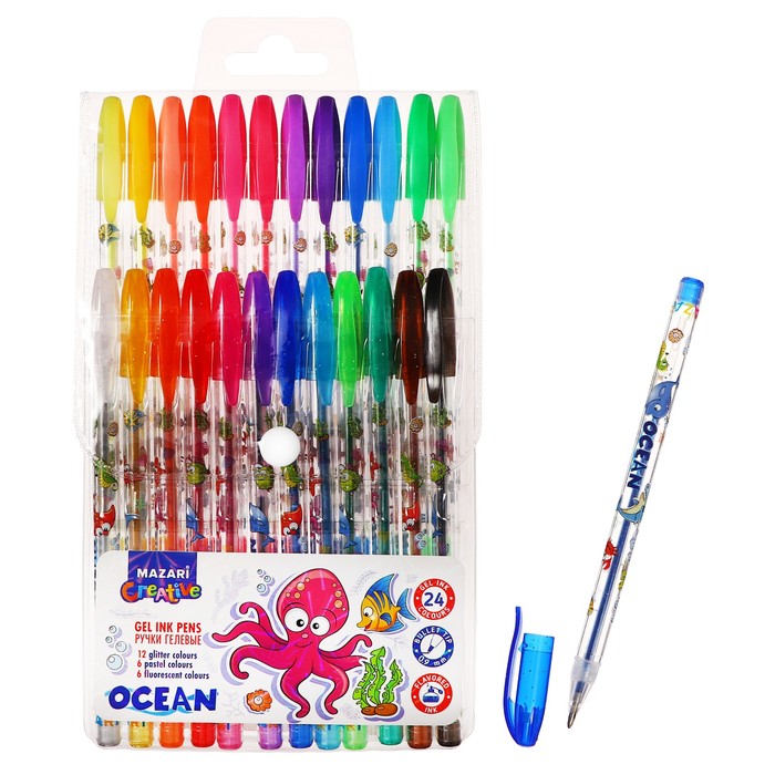 Набор ручек гелевых 24 цветов (12 с блестками + 6 флуоресцентных + 6 пастельных) Mazari "OCEAN", ароматизированные, пулевидный пишущий узел 0,9 мм, пластиковый цветной корпус - Фото 1