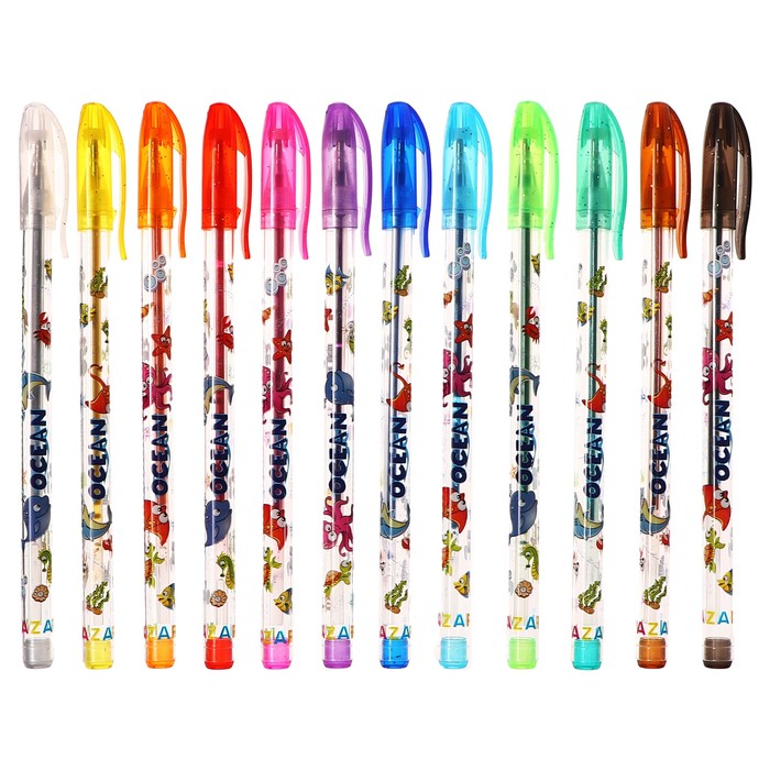 Набор ручек гелевых 12 цветов Mazari "OCEAN", с блёстками, ароматизированные, пулевидный пишущий узел 0,9 мм, пластиковый цветной корпус