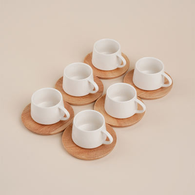 Сервиз чайный SL Home «Тренто», 12 предметов: 6 чашек 90 мл, 6 деревянных подставок, фарфор, белый