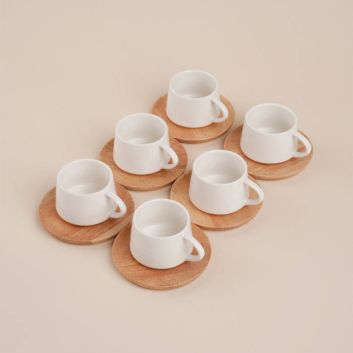 Сервиз чайный SL Home «Тренто», 12 предметов: 6 чашек 90 мл, 6 деревянных подставок, фарфор, белый - Фото 1