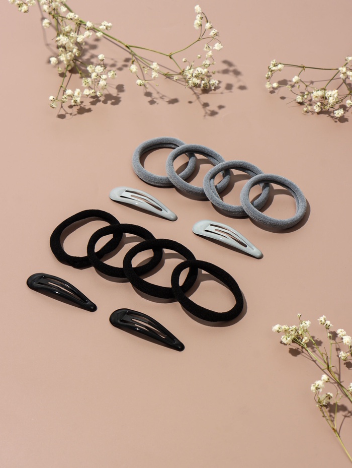 Набор для волос QF «Мира», 12 шт.: 4 заколки 5 см, 8 резинок 3.5 см, серо-чёрный - Фото 1