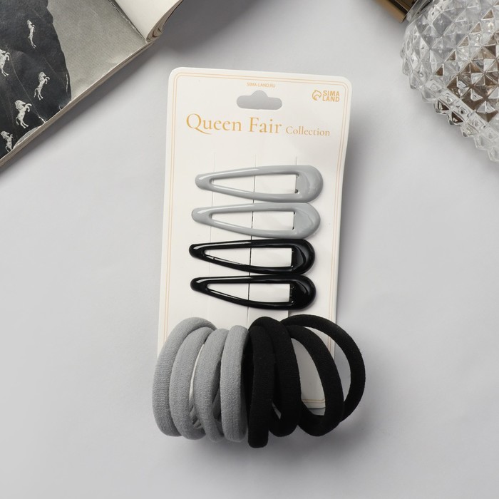 Набор для волос «Мира», 12 шт.: 4 невидимки 5 см, 8 резинок 3.5 см, серо-чёрный - Фото 1
