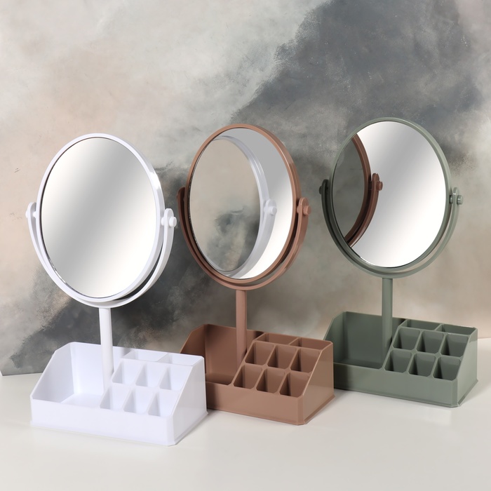 Зеркало с подставкой для хранения «Круг», двустороннее, с увеличением, зеркальная поверхность 14 × 17,5 см, цвет МИКС