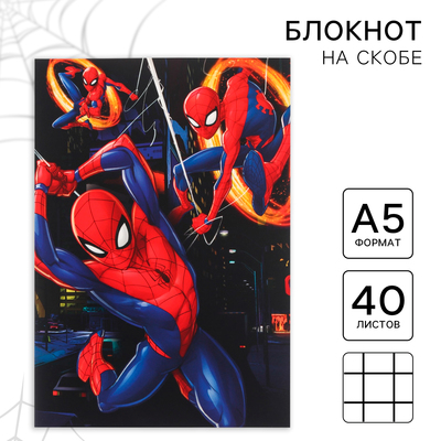 Блокнот А5, 40 листов, на скрепке, в точку, софт-тач, «Человек-паук»