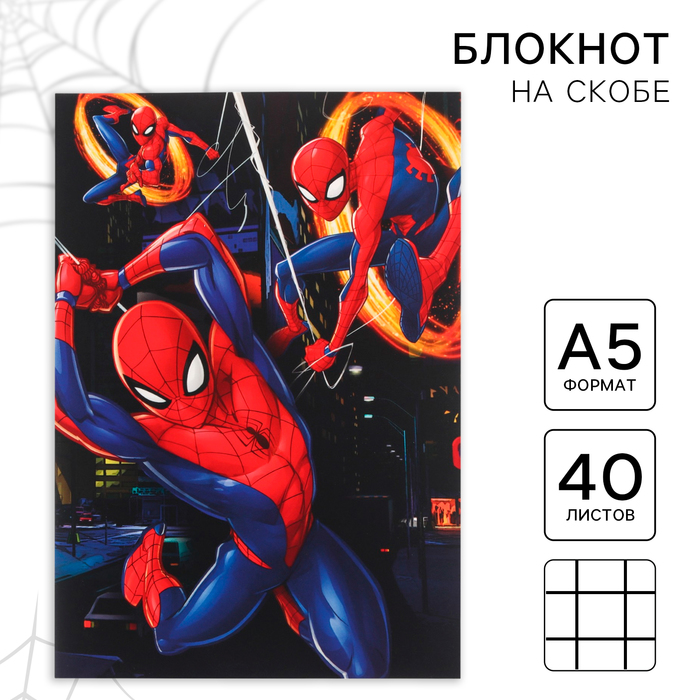 Блокнот А5, на скрепке, 40 листов, в точку, софт-тач, Человек-паук