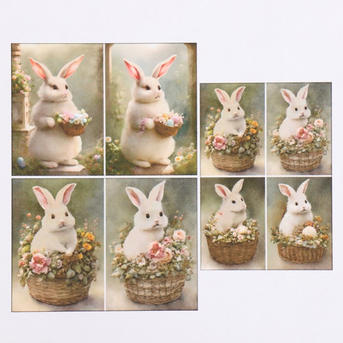 Набор декупажных карт 3 шт «Кролик в цветочной корзине», 45 г/м2, формат А4 - Фото 1