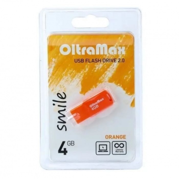 Флешка OltraMax, 4 Гб, USB 2.0, чт до 20 Мб/с, зап до 10 Мб/с, оранжевая