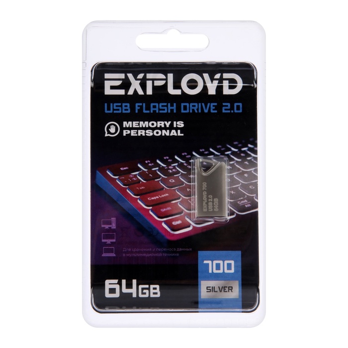 Флешка Exployd, mini,64 Гб,USB 2.0, чт до 15 Мб/с, зап до 8 Мб/с, металическая, серебряная