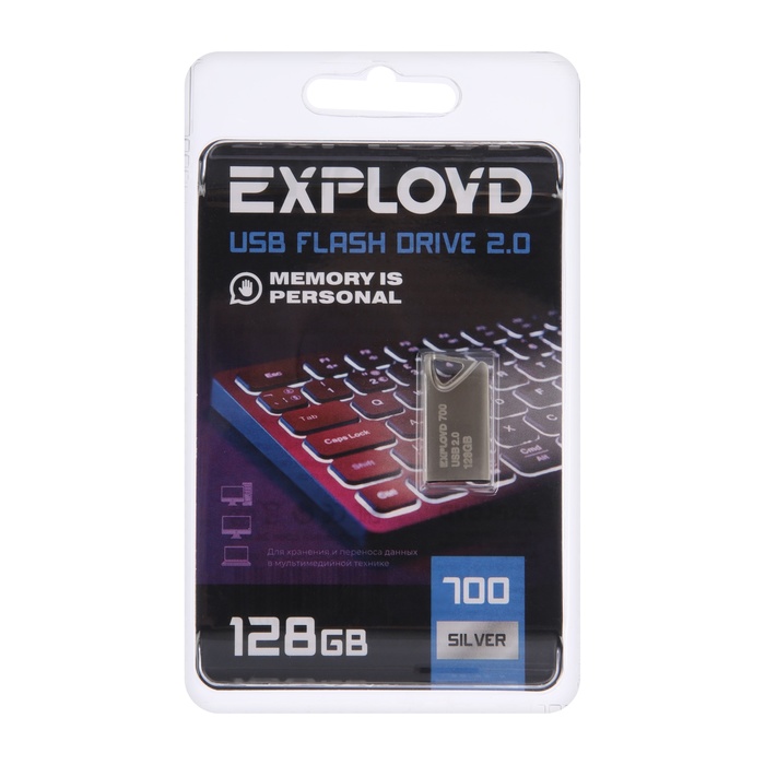 Флешка Exployd, mini,128 Гб,USB 2.0, чт до 15 Мб/с, зап до 8 Мб/с, металическая, серебряная