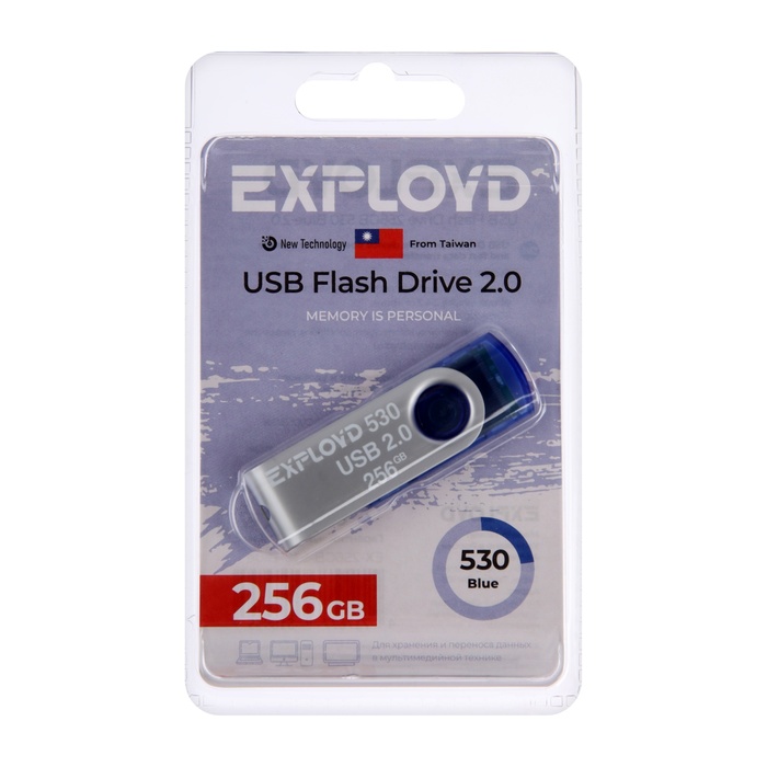 Флешка Exployd, mini,256 Гб,USB 2.0, чт до 20 Мб/с, зап до 10 Мб/с, синяя