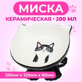 Миска керамическая "Киса" на подставке-лапках 200 мл  13 х 12 х 8 см, чёрная 9942198