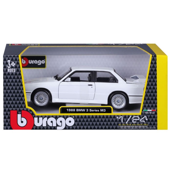 Машинка Bburago Bmw M3 (E30) 1988, Die-Cast, 1:24, цвет белый, с принтом - фото 1911059731