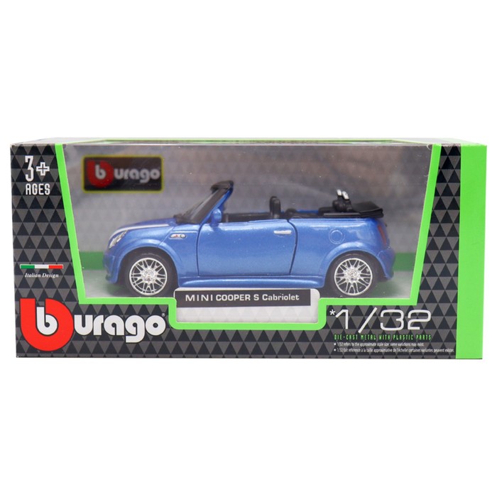 Машинка Bburago Mini Cooper S Cabriolet, Die-Cast, 1:32, цвет синий с принтом - фото 1911060249
