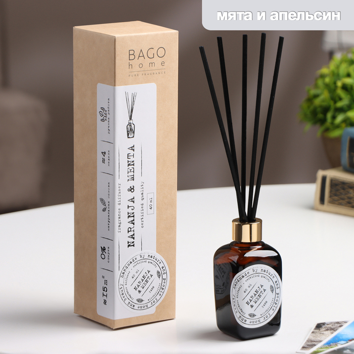 Ароматический диффузор BAGO home, мята и апельсин, с палочками, для дома, 40 мл - Фото 1