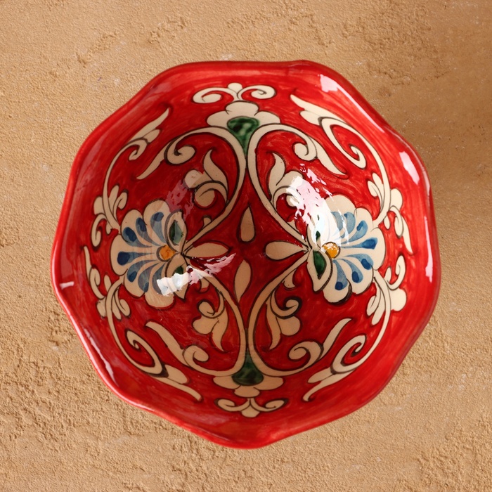 Конфетница Риштанская Керамика "Цветы", красная 12 см, - фото 1906676947