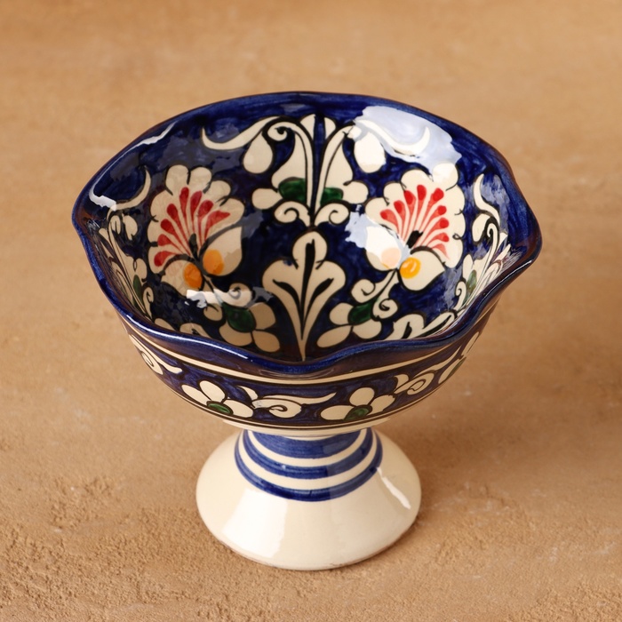 Конфетница Риштанская Керамика "Цветы", синяя 14 см, - фото 1906676949