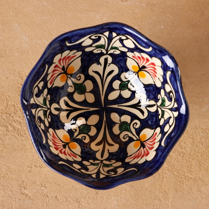 Конфетница Риштанская Керамика "Цветы", синяя 14 см, - фото 1906676950