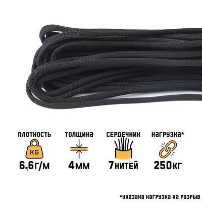 Паракорд для выживания 550, с леской, с фитилём, d=4 мм, 10 м, чёрный