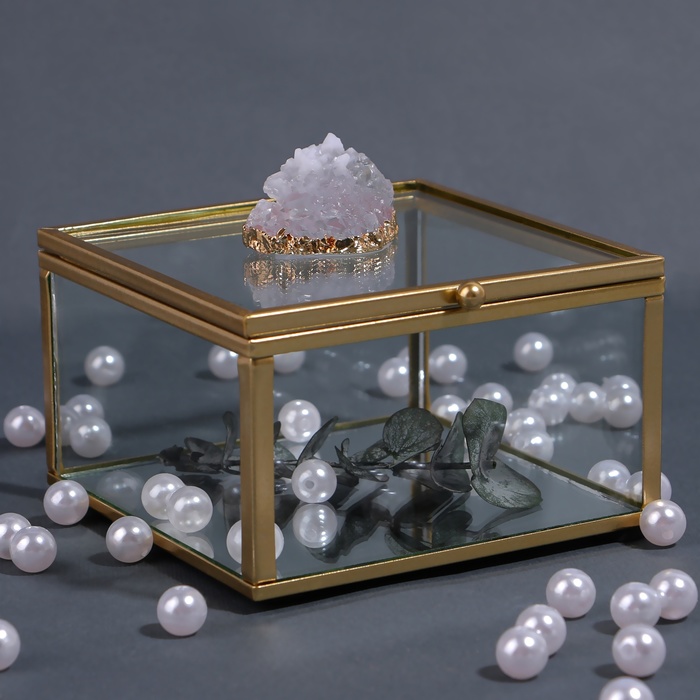 Органайзер для хранения «MOUNTAINS», стеклянный, с зеркальным дном, с крышкой, 1 секция, 10 × 10 × 6 см, цвет прозрачный/медный