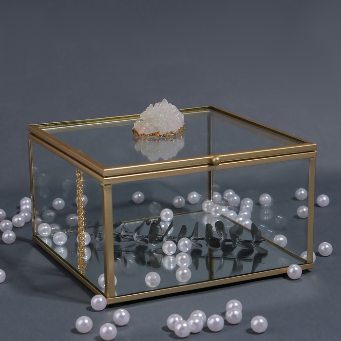 Органайзер для хранения «MOUNTAINS», стеклянный, с зеркальным дном, с крышкой, 1 секция, 15 × 15 × 8,5 см, цвет прозрачный/медный