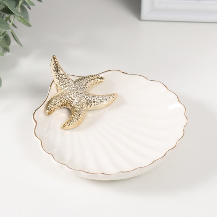 Сувенир керамика подставка "Морская звезда на ракушке" белый с золотом 13х12,5х2,5 см
