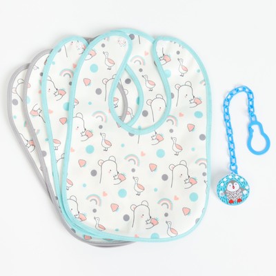 Набор детских слюнявчиков Крошка Я, 4 шт. + подарок, 29×20 см, цвет бирюзовый, серый