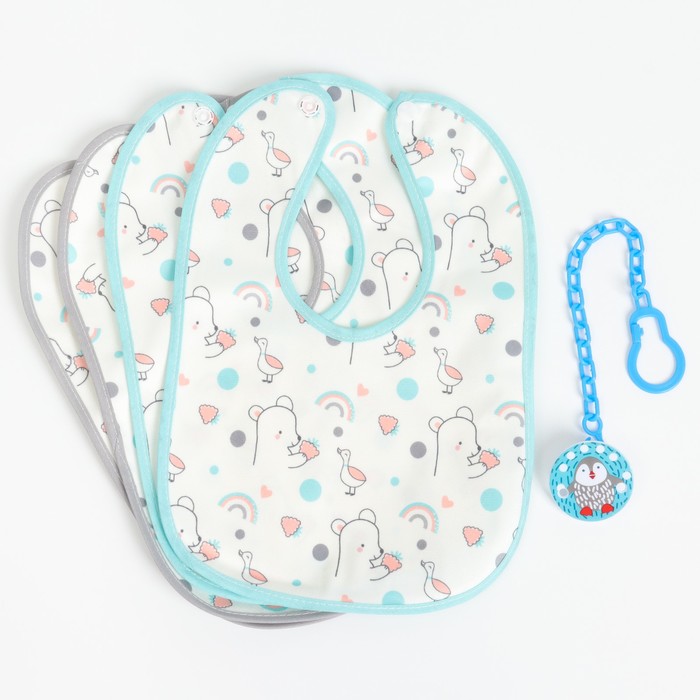 Набор детских слюнявчиков Крошка Я, 4 шт. + подарок, 29×20 см, цвет бирюзовый, серый - Фото 1