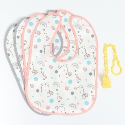 Набор детских слюнявчиков Крошка Я, 4 шт. + подарок, 29×20 см, цвет розовый, серый