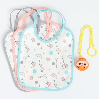 Набор детских слюнявчиков Крошка Я, 3 шт. + подарок, 20×17 см, цвет бирюзовый, розовый, серый